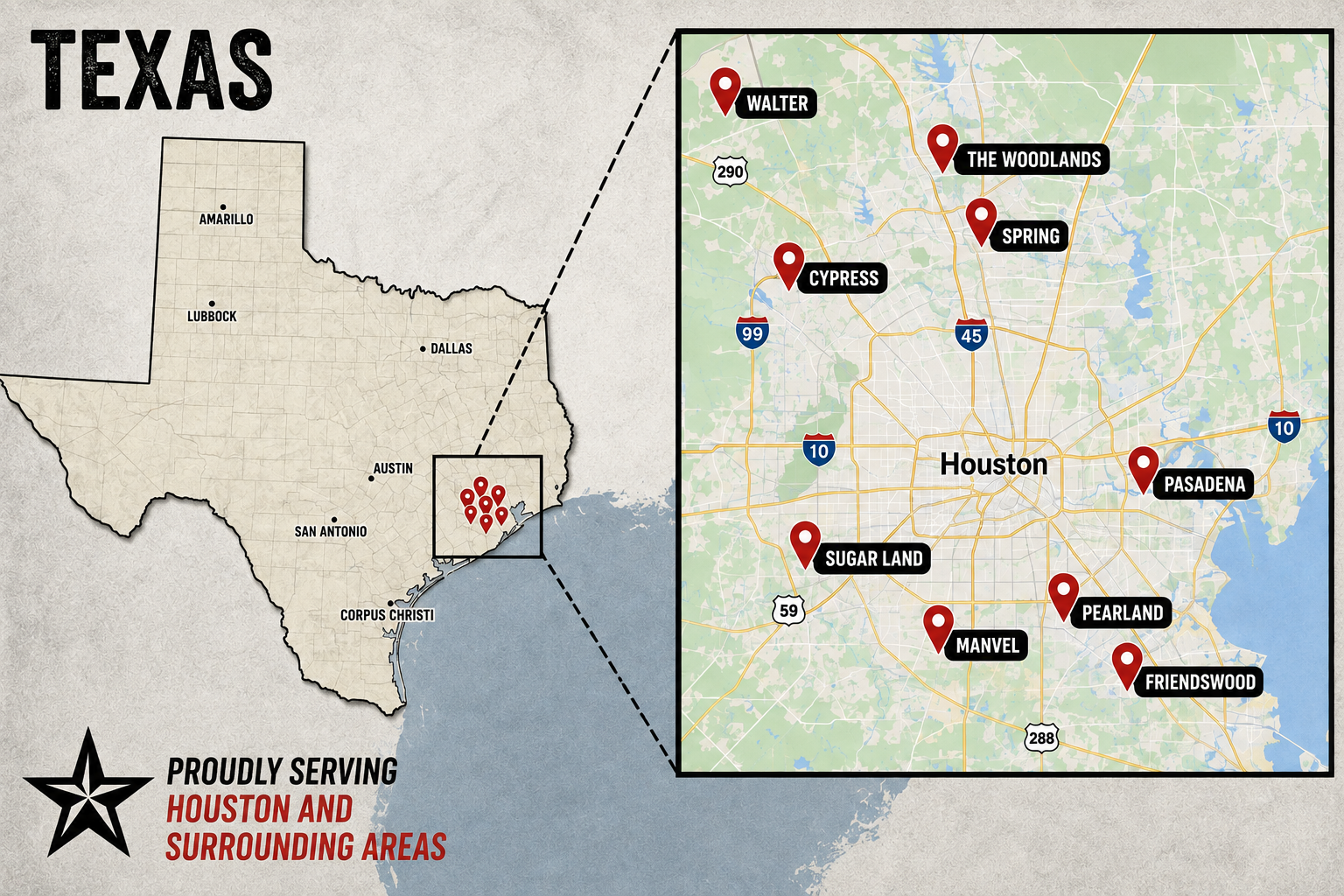 Map of Texas showing the Houston metro area and surrounding cities we serve
